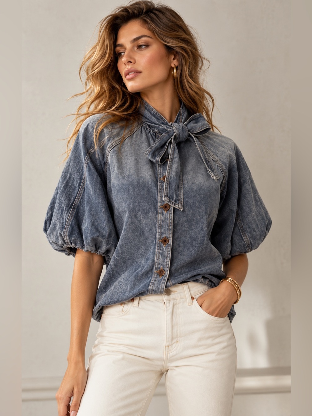 Bailey/44 NWT Denim Tie Neck Puff Sleeve Blouse Blue